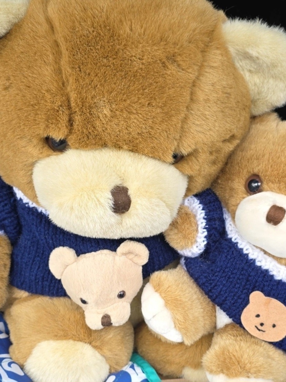 Vintage Yang Jee Plush Brown Teddy Bears with Navy Sweaters